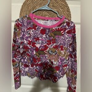Anthropologie Pink Floral & Owl Print Long-Sleeve Tee with Fuchsia Neckline